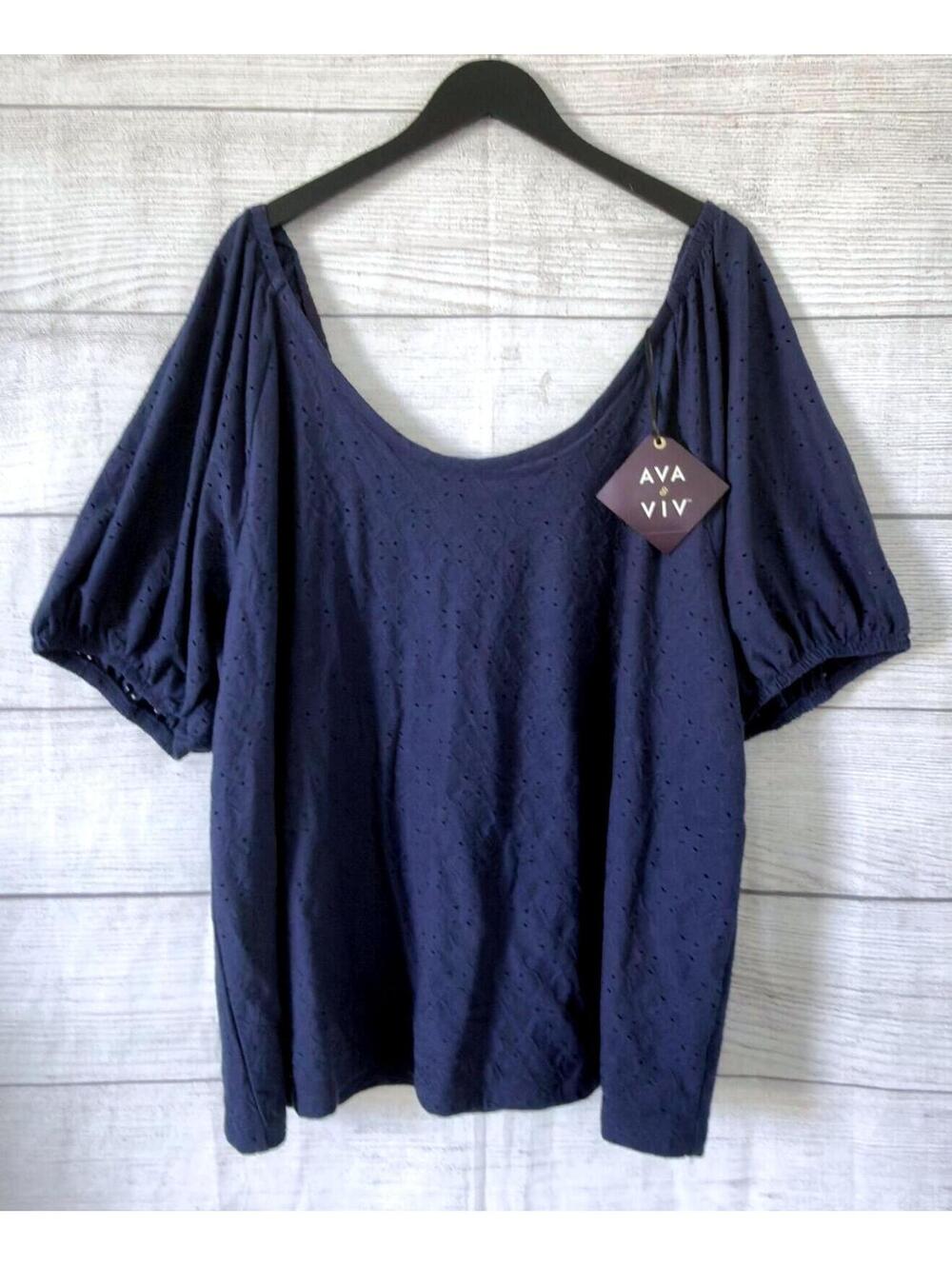 Ava & Viv Navy Blue Eyelet Short Sleeve Blouse Women